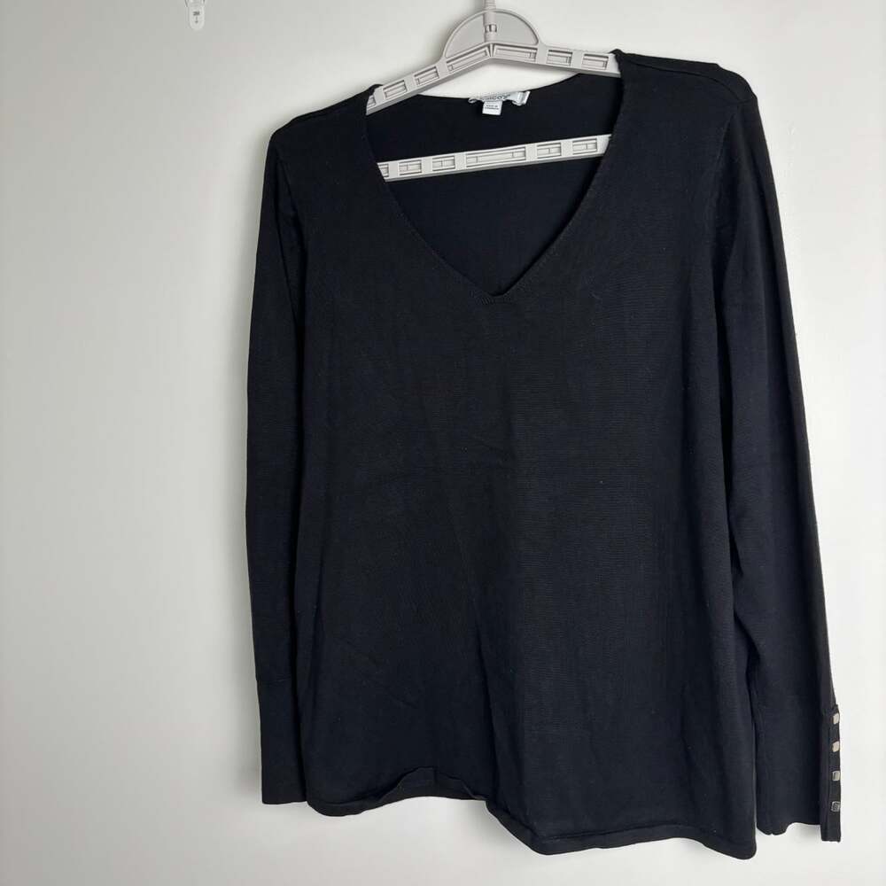 CHICO'S Ella V-Neck Sweater Womens L Black Knit Rivet Detail Classic Capsule